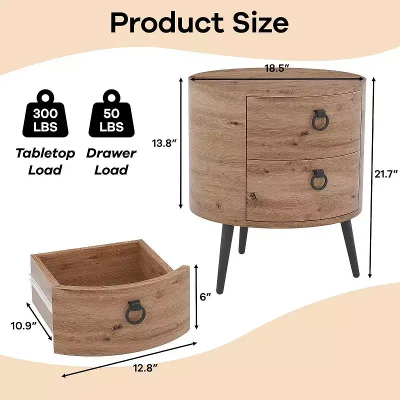 Table d'appoint ronde rustique avec 2 tiroirs, table de bout en bois du milieu du siècle avec pieds en métal pour salon chambre, couleur bois naturel