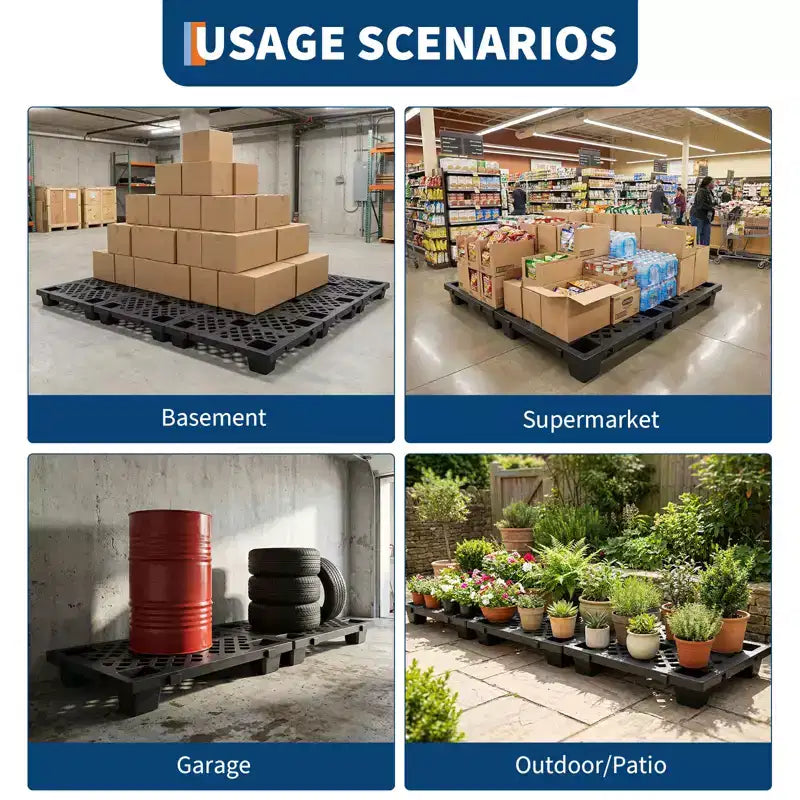 Palettes en plastique, carreaux de sol emboîtables de 50 x 30 cm, emboîtables et empilables pour le stockage