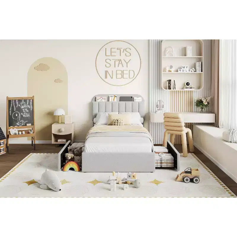 Boucle Upholstered Platform Bed Frame with Storage Headboard & 2 Drawers - Modern Bookcase, Noise-Free, Easy Assembly, No Box Early season Needed