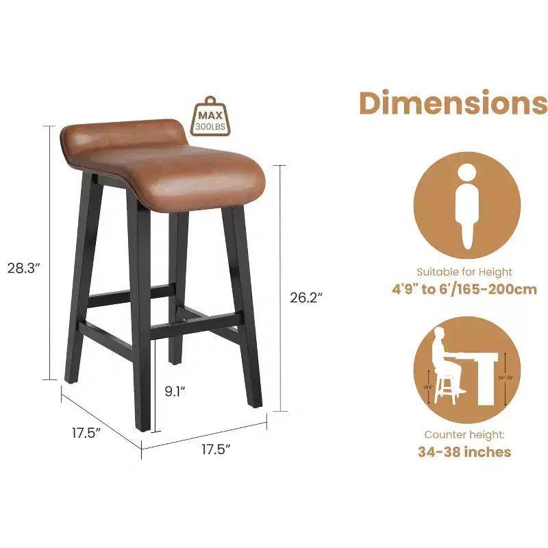 Lot de 2 tabourets de bar modernes et confortables de 66,5 cm, hauteur comptoir, dossier bas rembourré, [Détail du siège], pieds en bois, repose-pieds