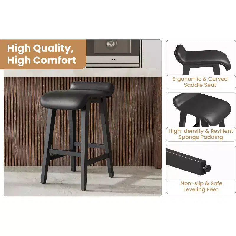 Lot de 2 tabourets de bar modernes et confortables de 66,5 cm, hauteur comptoir, dossier bas rembourré, [Détail du siège], pieds en bois, repose-pieds