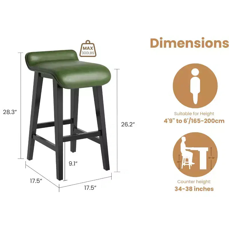 Lot de 2 tabourets de bar modernes et confortables de 66,5 cm, hauteur comptoir, dossier bas rembourré, [Détail du siège], pieds en bois, repose-pieds