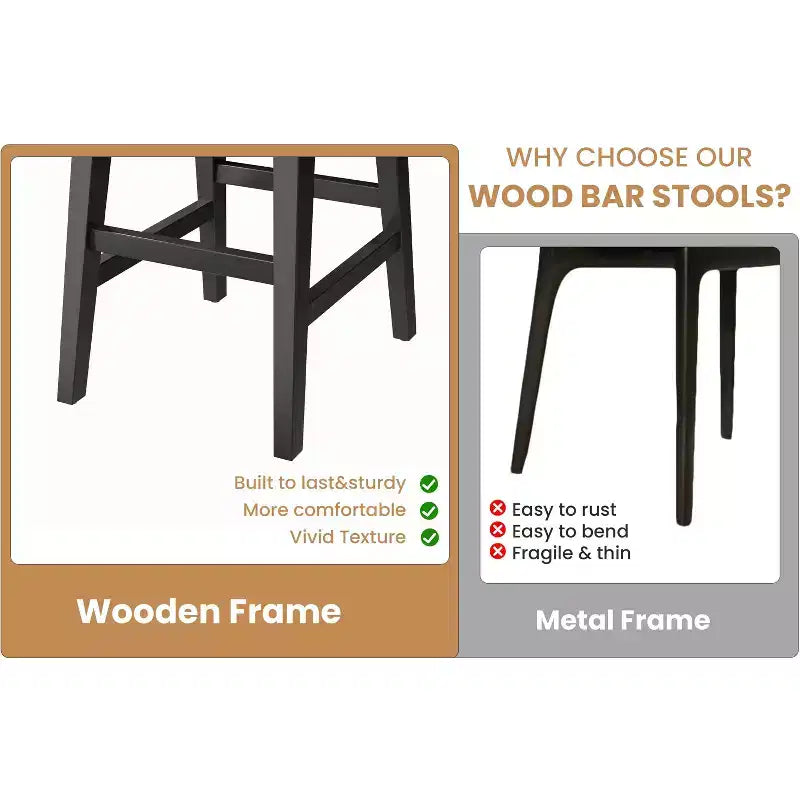 Lot de 2 tabourets de bar modernes et confortables de 66,5 cm, hauteur comptoir, dossier bas rembourré, [Détail du siège], pieds en bois, repose-pieds