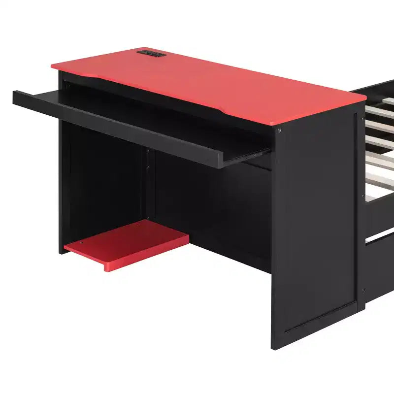 Lit de repos double/grand format avec lit gigogne et bureau de jeu, cadre de lit en bois avec lumière LED RVB, ports USB et tiroir clavier - ModernLuxe