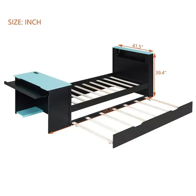 Lit de repos double/grand format avec lit gigogne et bureau de jeu, cadre de lit en bois avec lumière LED RVB, ports USB et tiroir clavier - ModernLuxe