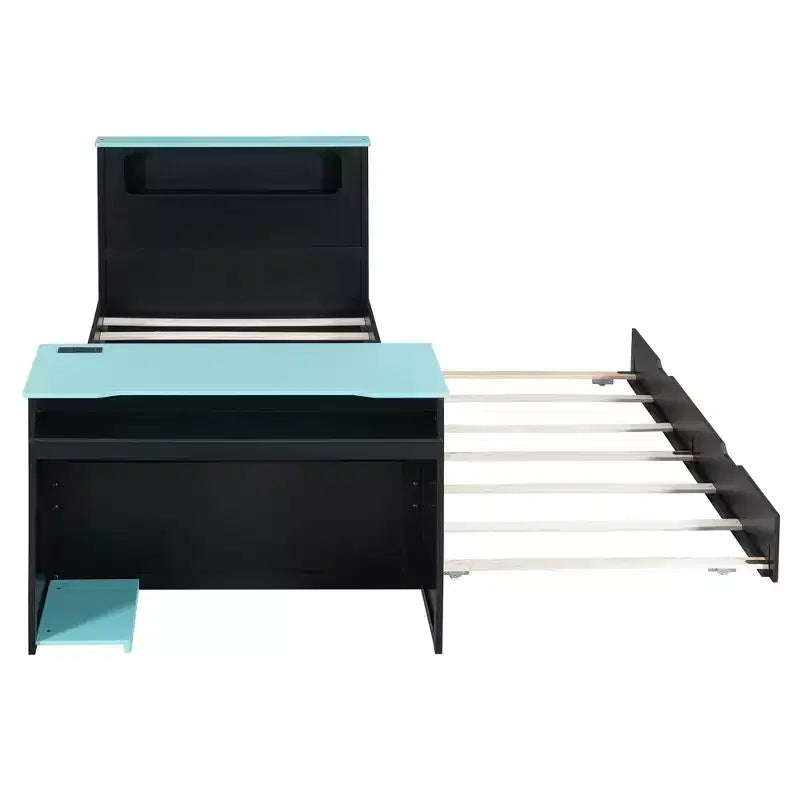 Lit de repos double/grand format avec lit gigogne et bureau de jeu, cadre de lit en bois avec lumière LED RVB, ports USB et tiroir clavier - ModernLuxe