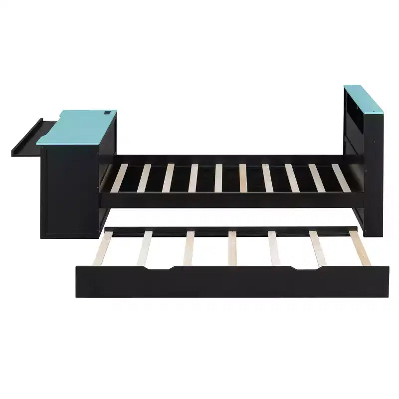 Lit de repos double/grand format avec lit gigogne et bureau de jeu, cadre de lit en bois avec lumière LED RVB, ports USB et tiroir clavier - ModernLuxe