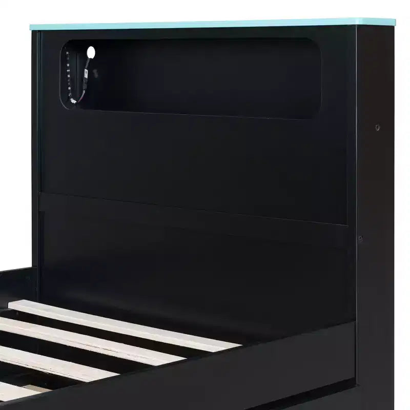 Lit de repos double/grand format avec lit gigogne et bureau de jeu, cadre de lit en bois avec lumière LED RVB, ports USB et tiroir clavier - ModernLuxe