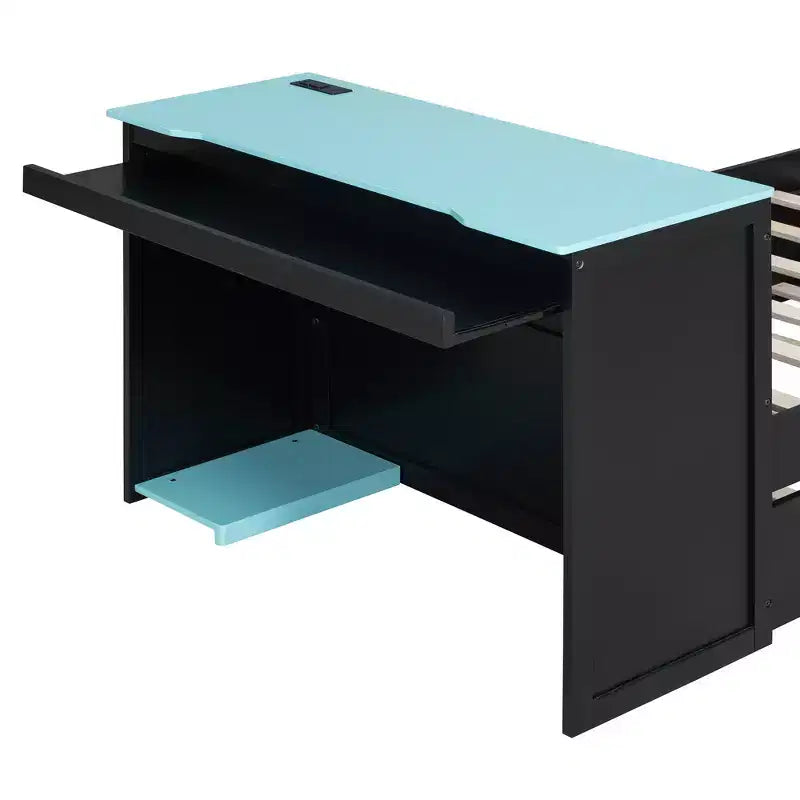 Lit de repos double/grand format avec lit gigogne et bureau de jeu, cadre de lit en bois avec lumière LED RVB, ports USB et tiroir clavier - ModernLuxe