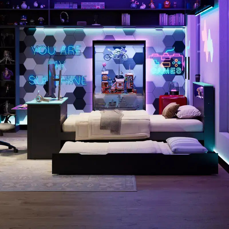 Lit de repos double/grand format avec lit gigogne et bureau de jeu, cadre de lit en bois avec lumière LED RVB, ports USB et tiroir clavier - ModernLuxe