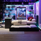Lit de repos double/grand format avec lit gigogne et bureau de jeu, cadre de lit en bois avec lumière LED RVB, ports USB et tiroir clavier - ModernLuxe