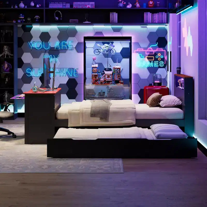 Lit de repos double/grand format avec lit gigogne et bureau de jeu, cadre de lit en bois avec lumière LED RVB, ports USB et tiroir clavier - ModernLuxe