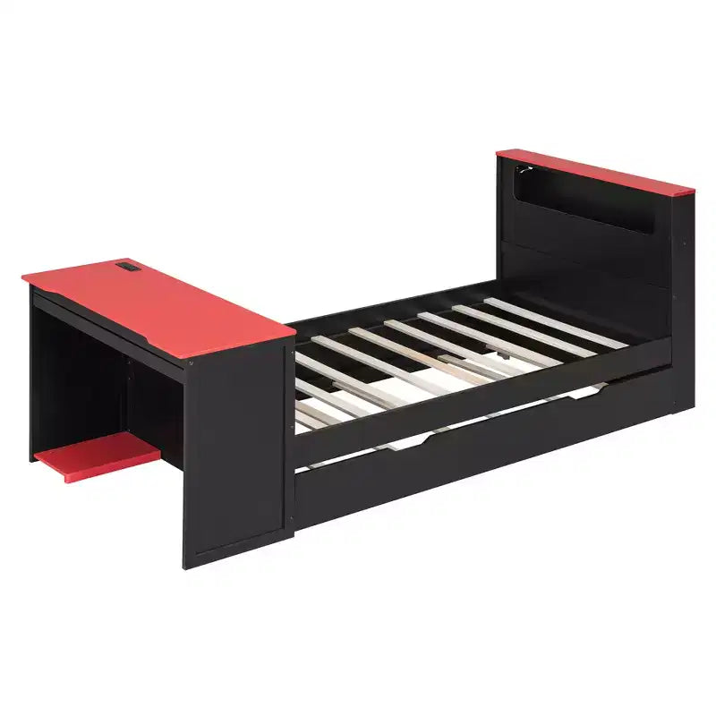 Lit de repos double/grand format avec lit gigogne et bureau de jeu, cadre de lit en bois avec lumière LED RVB, ports USB et tiroir clavier - ModernLuxe