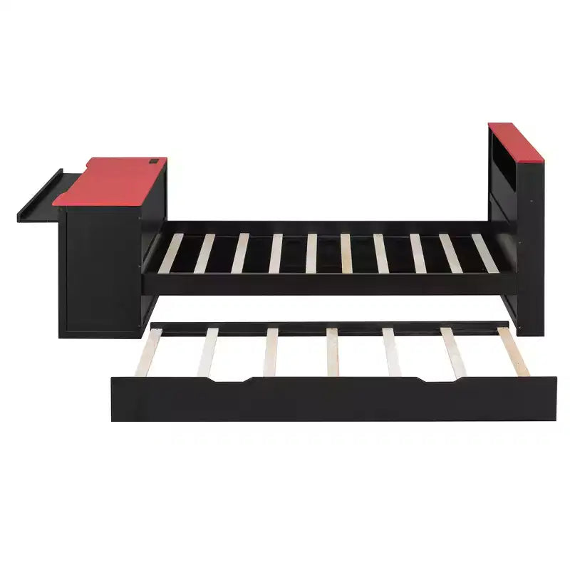 Lit de repos double/grand format avec lit gigogne et bureau de jeu, cadre de lit en bois avec lumière LED RVB, ports USB et tiroir clavier - ModernLuxe
