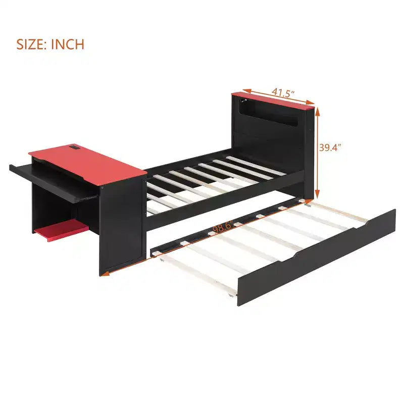 Lit de repos double/grand format avec lit gigogne et bureau de jeu, cadre de lit en bois avec lumière LED RVB, ports USB et tiroir clavier - ModernLuxe