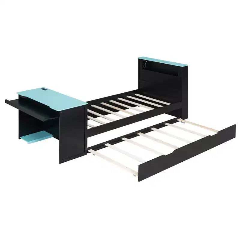 Lit de repos double/grand format avec lit gigogne et bureau de jeu, cadre de lit en bois avec lumière LED RVB, ports USB et tiroir clavier - ModernLuxe