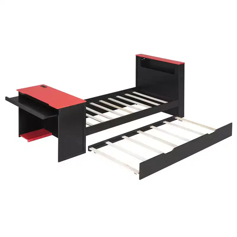 Lit de repos double/grand format avec lit gigogne et bureau de jeu, cadre de lit en bois avec lumière LED RVB, ports USB et tiroir clavier - ModernLuxe