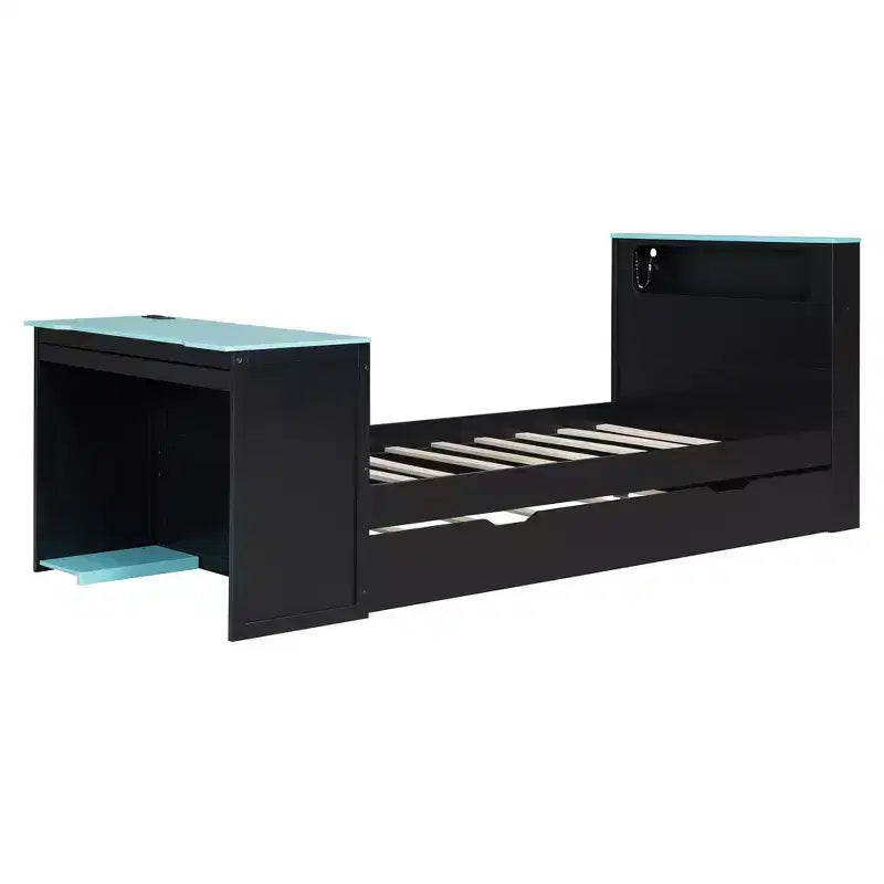 Lit de repos double/grand format avec lit gigogne et bureau de jeu, cadre de lit en bois avec lumière LED RVB, ports USB et tiroir clavier - ModernLuxe