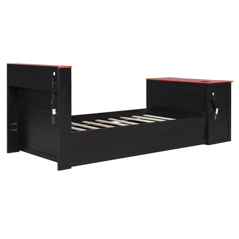Lit de repos double/grand format avec lit gigogne et bureau de jeu, cadre de lit en bois avec lumière LED RVB, ports USB et tiroir clavier - ModernLuxe