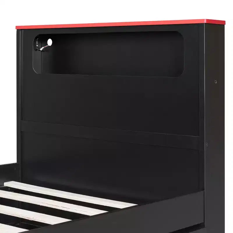 Lit de repos double/grand format avec lit gigogne et bureau de jeu, cadre de lit en bois avec lumière LED RVB, ports USB et tiroir clavier - ModernLuxe
