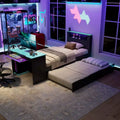 Lit de repos double/grand format avec lit gigogne et bureau de jeu, cadre de lit en bois avec lumière LED RVB, ports USB et tiroir clavier - ModernLuxe