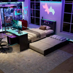 Lit de repos double/grand format avec lit gigogne et bureau de jeu, cadre de lit en bois avec lumière LED RVB, ports USB et tiroir clavier - ModernLuxe