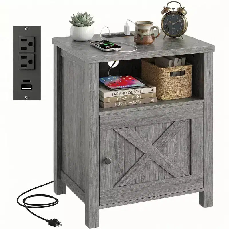 Rustic-Style Storage Nightstand with Built-in USB Port and Power Outlet; Features open shelving and closed cabinets, Bedside table with storage