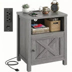 Rustic-Style Storage Nightstand with Built-in USB Port and Power Outlet; Features open shelving and closed cabinets, Bedside table with storage