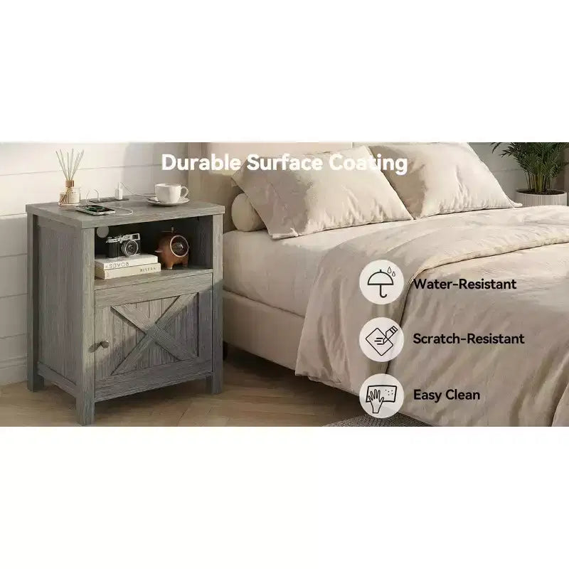 Table de chevet de rangement rustique avec port USB et prise de courant intégrés ; Comprend des étagères ouvertes et des armoires fermées, Table de chevet avec rangement