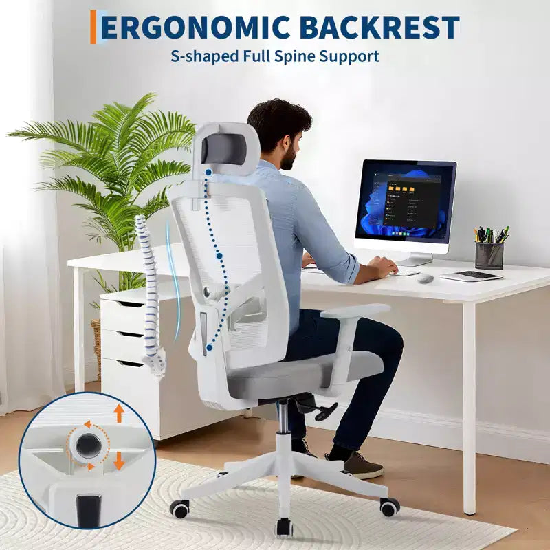 Chaise de bureau ergonomique à dossier haut en maille, accoudoirs relevables, appuie-tête et support lombaire réglables, avec roulettes, pour bureau à domicile