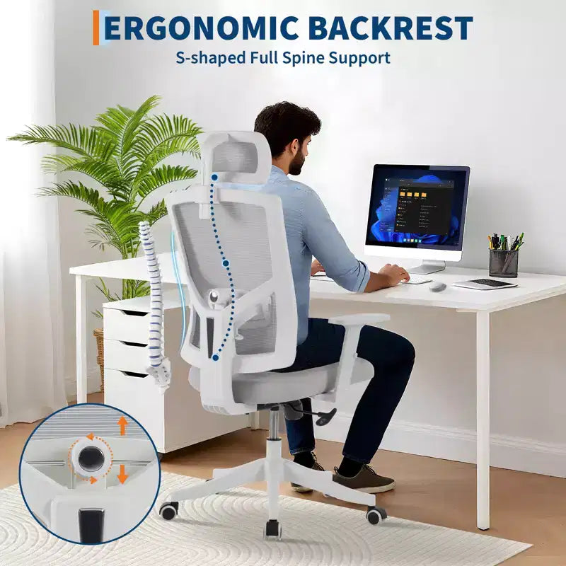 Chaise de bureau ergonomique à dossier haut en maille, accoudoirs relevables, appuie-tête et support lombaire réglables, avec roulettes, pour bureau à domicile