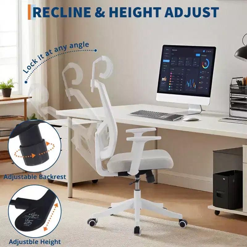 Chaise de bureau ergonomique à dossier haut en maille, accoudoirs relevables, appuie-tête et support lombaire réglables, avec roulettes, pour bureau à domicile