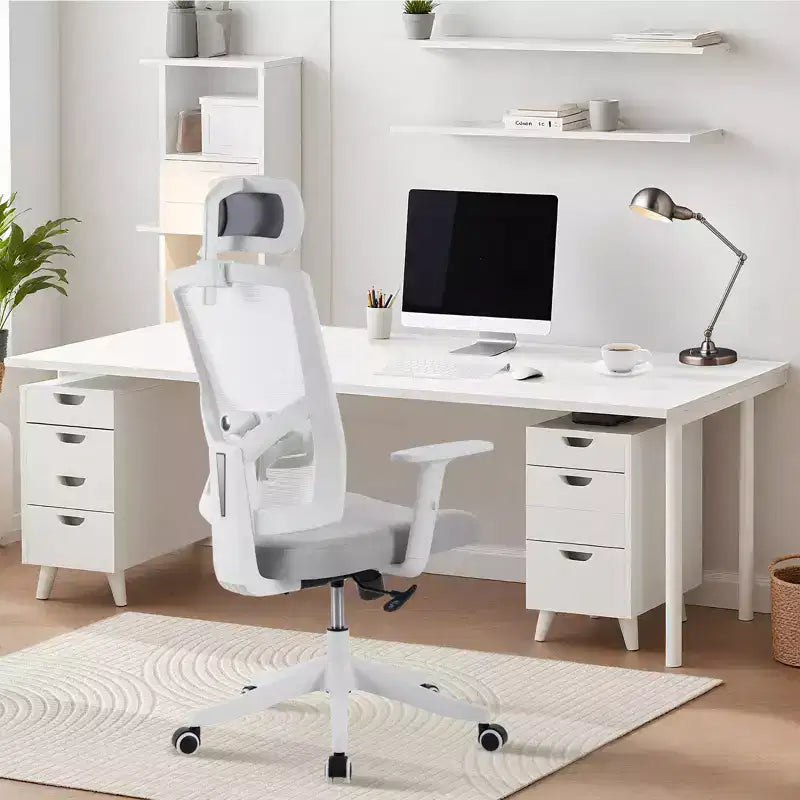 Chaise de bureau ergonomique à dossier haut en maille, accoudoirs relevables, appuie-tête et support lombaire réglables, avec roulettes, pour bureau à domicile