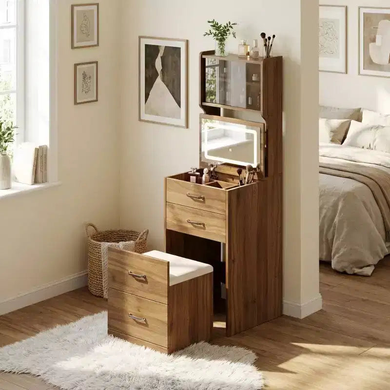 3-in-1 Vanity Desk, Compact Makeup Vanity Set, Acrylic Doors, Jewelry Box, Hidden Chair for Small Spaces