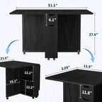 Table à manger pliante de 51 pouces de large avec étagères de rangement, table de cuisine à abattants sur roulettes, table extensible peu encombrante pour petits espaces