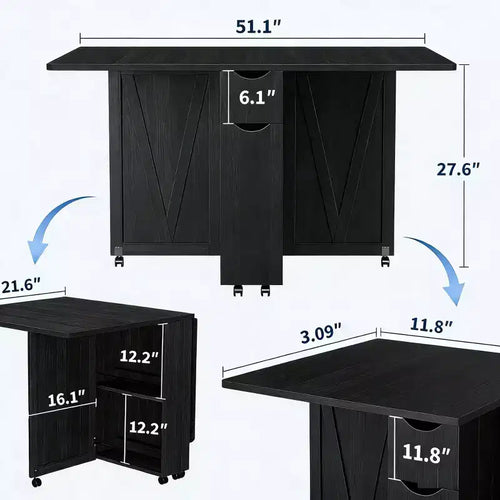Table à manger pliante de 51 pouces de large avec étagères de rangement, table de cuisine à abattants sur roulettes, table extensible peu encombrante pour petits espaces