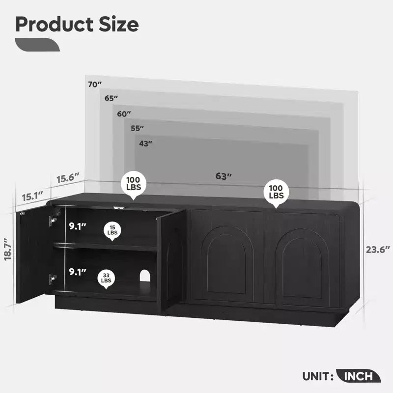 Meuble TV Bestier 63" pour téléviseurs 55/60/65 pouces, console TV 70" avec 2 portes et rangement ouvert, table console basse/moyenne cannelée