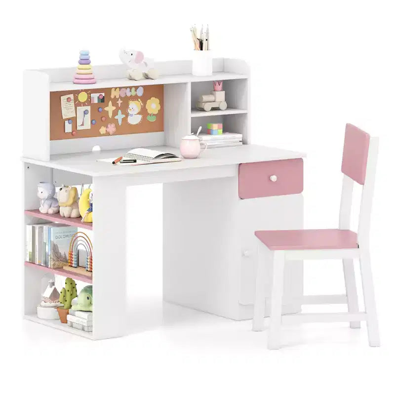 Costway Kids Desk & Chair Set w/Chair Hutch 3-Layer Side Shelf Storage Cabinet