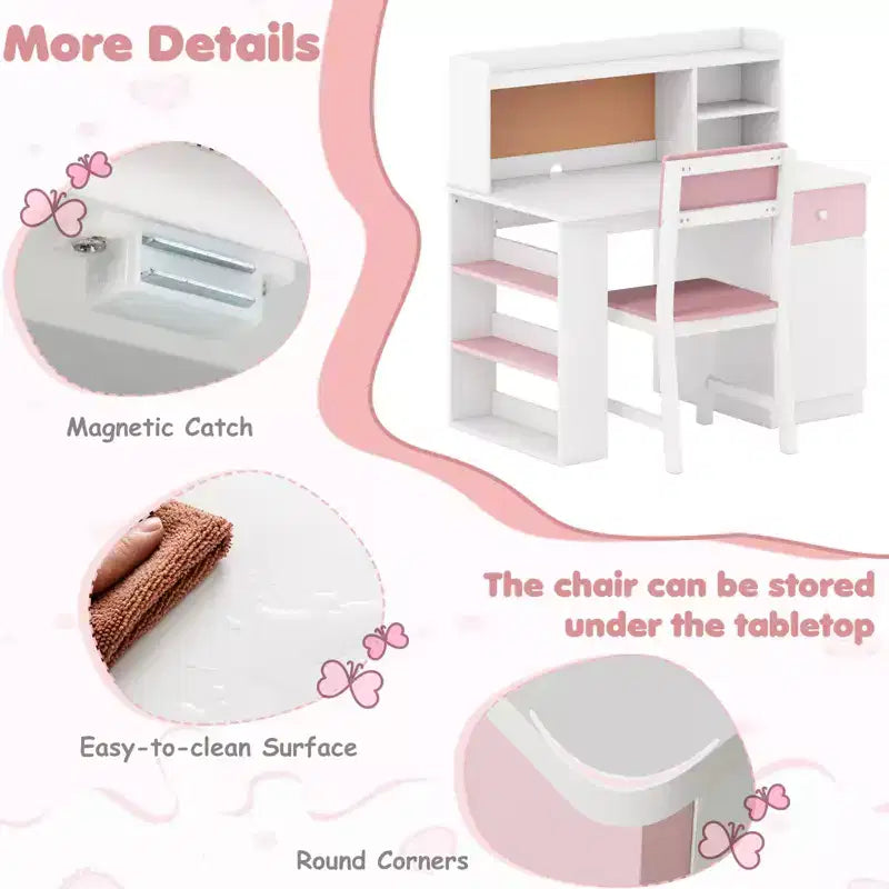 Ensemble bureau et chaise pour enfants Costway avec chaise, étagère latérale à 3 niveaux et armoire de rangement
