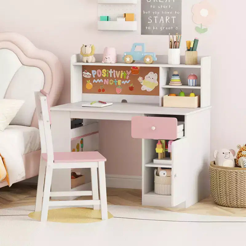 Ensemble bureau et chaise pour enfants Costway avec chaise, étagère latérale à 3 niveaux et armoire de rangement