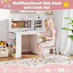 Ensemble bureau et chaise pour enfants Costway avec chaise, étagère latérale à 3 niveaux et armoire de rangement