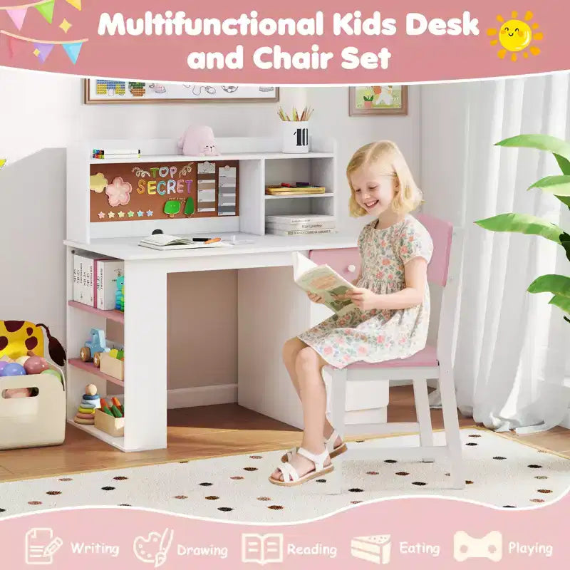 Ensemble bureau et chaise pour enfants Costway avec chaise, étagère latérale à 3 niveaux et armoire de rangement