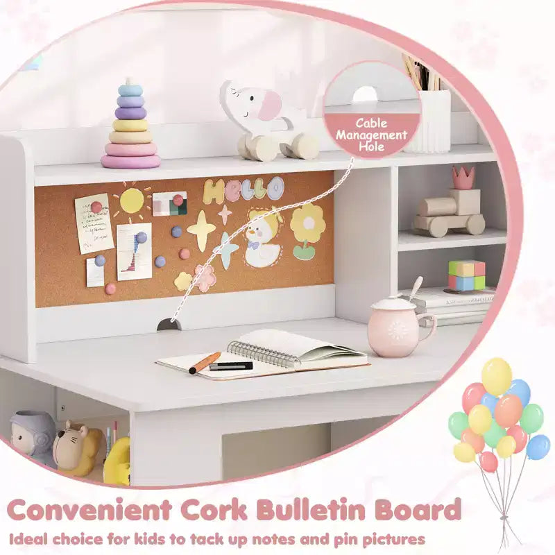 Ensemble bureau et chaise pour enfants Costway avec chaise, étagère latérale à 3 niveaux et armoire de rangement