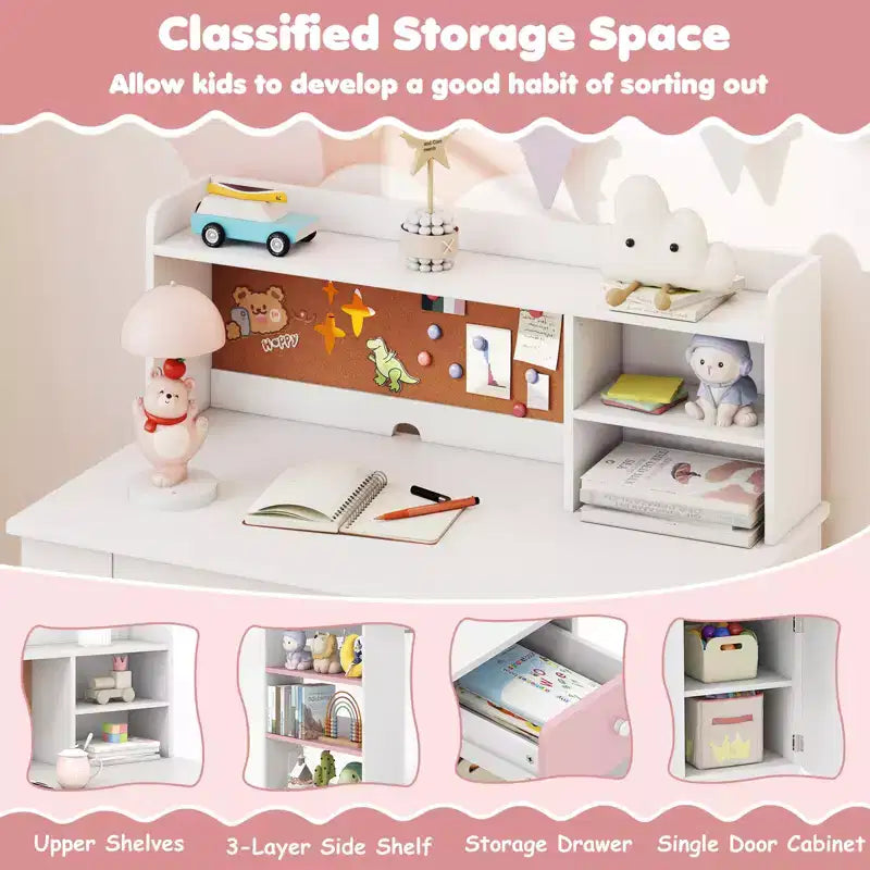 Ensemble bureau et chaise pour enfants Costway avec chaise, étagère latérale à 3 niveaux et armoire de rangement