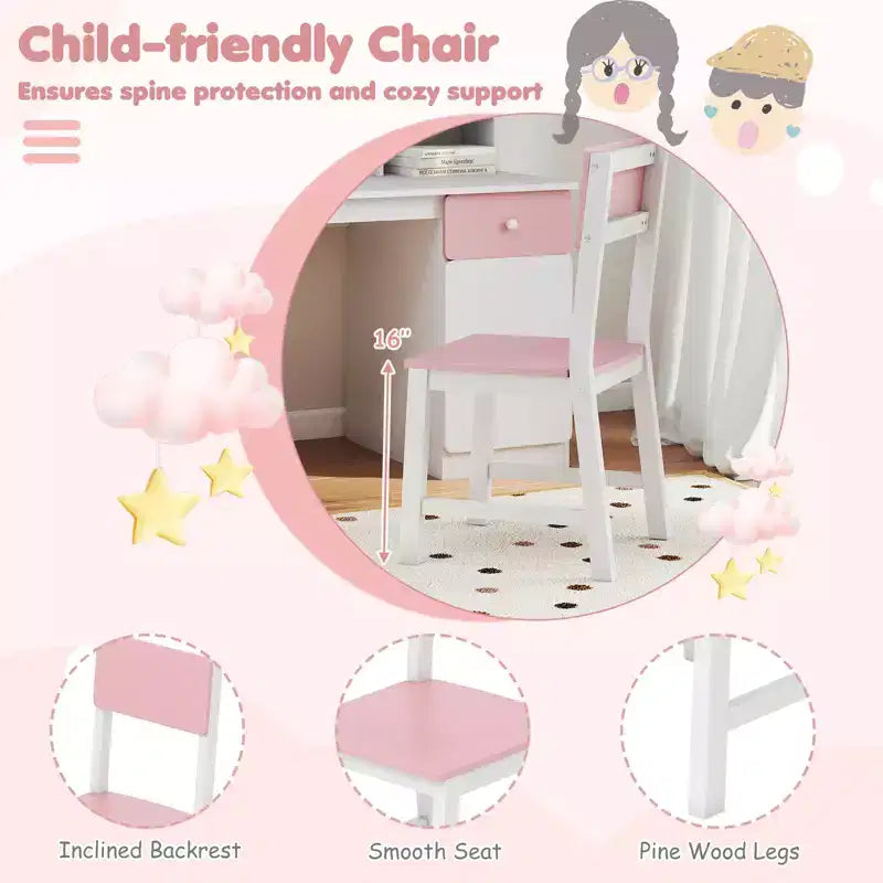 Ensemble bureau et chaise pour enfants Costway avec chaise, étagère latérale à 3 niveaux et armoire de rangement
