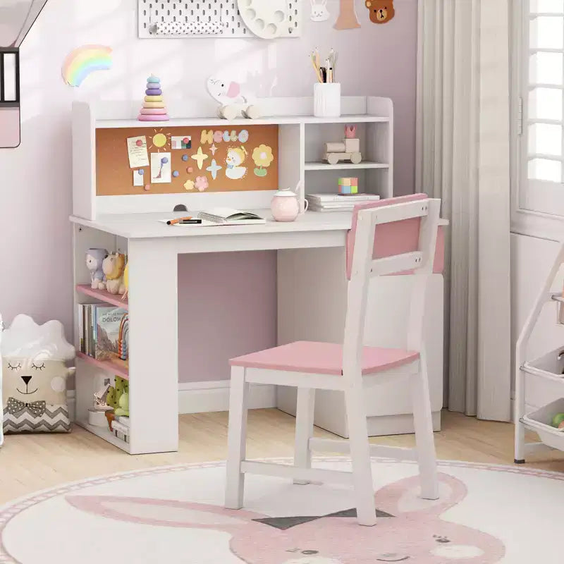 Ensemble bureau et chaise pour enfants Costway avec chaise, étagère latérale à 3 niveaux et armoire de rangement