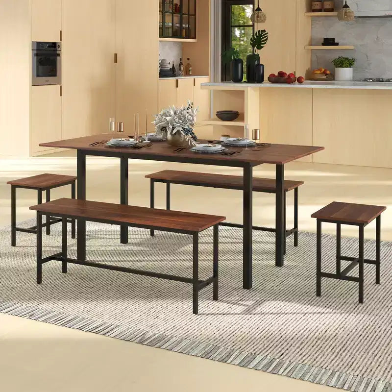 Ensemble de salle à manger 5 pièces Costway pour 4 à 6 personnes avec 2 bancs et 2 tabourets, cadre métallique, couleur noyer