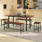 Ensemble de salle à manger 5 pièces Costway pour 4 à 6 personnes avec 2 bancs et 2 tabourets, cadre métallique, couleur noyer