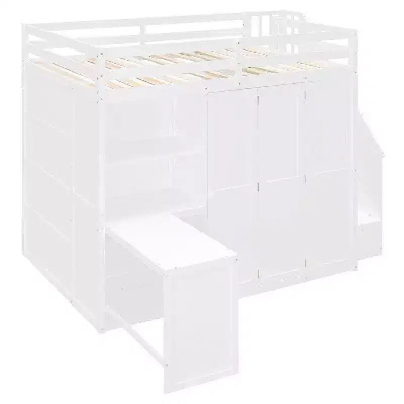 Lit mezzanine moderne pleine grandeur Luxystar avec armoire, bureau, étagères et panneaux de porte pliants