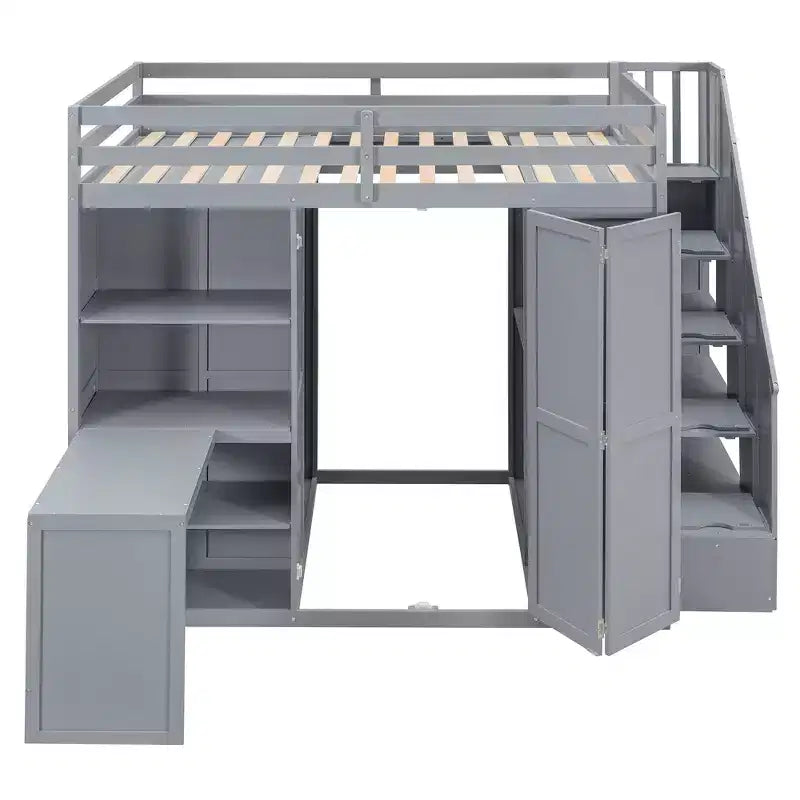 Lit mezzanine moderne pleine grandeur Luxystar avec armoire, bureau, étagères et panneaux de porte pliants